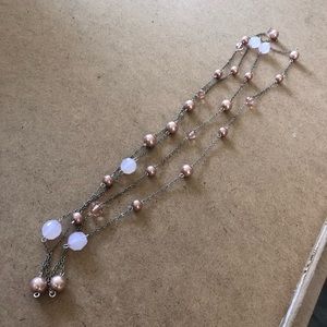 Silver Tone Opera Length Necklace with Pink & Silver Beaded Accents